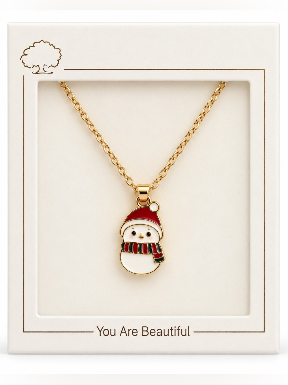 Snowman Santa Claus Hat Red & Green Scarf Frosty Christmas 16" Gold Necklace